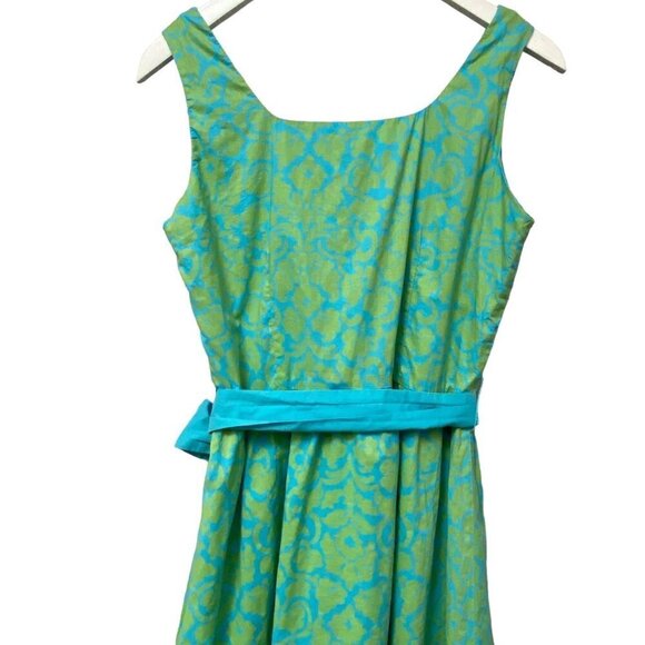 GARNET HILL Cotton Dress Size 8 Green Blue Boho Preppy Print Sleeveless Sash Tie - Picture 5 of 13